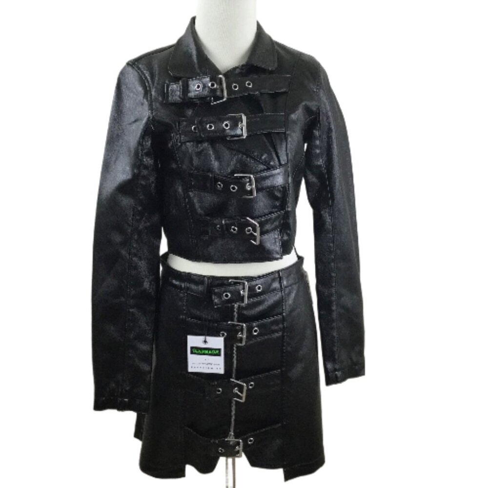 NWT Garbage by Marta Goldschmied Black Vinyl Buckle Jacket and Buckle Sk…